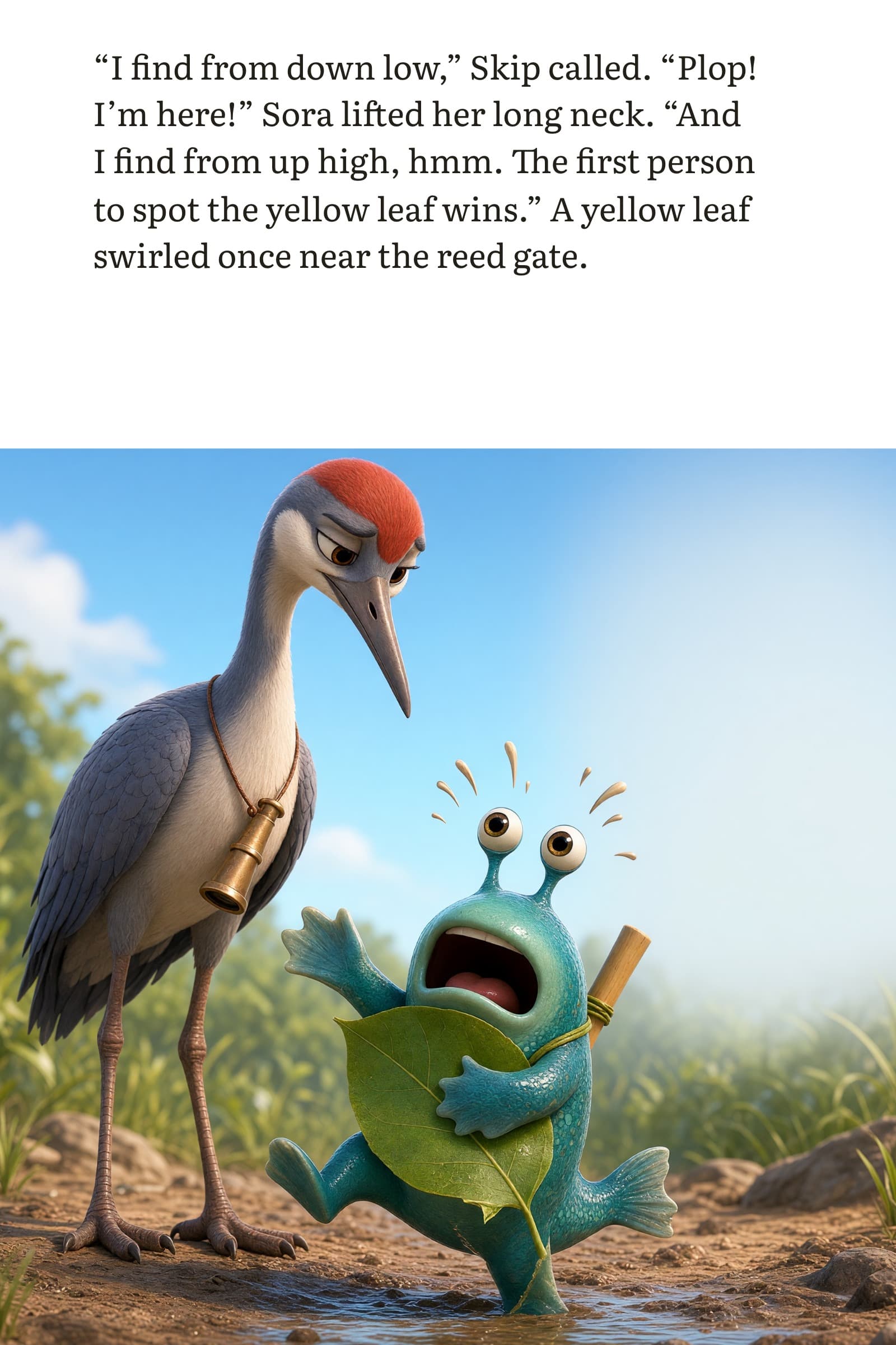 Page 4 of The Missed Leaf: "I find from down low," Skip called. "Plop! I'm here!" Sora lifted her long neck. "And I find from up high, hmm. The first person to spot the yellow leaf wins." A yellow leaf swirled once near the reed gate.