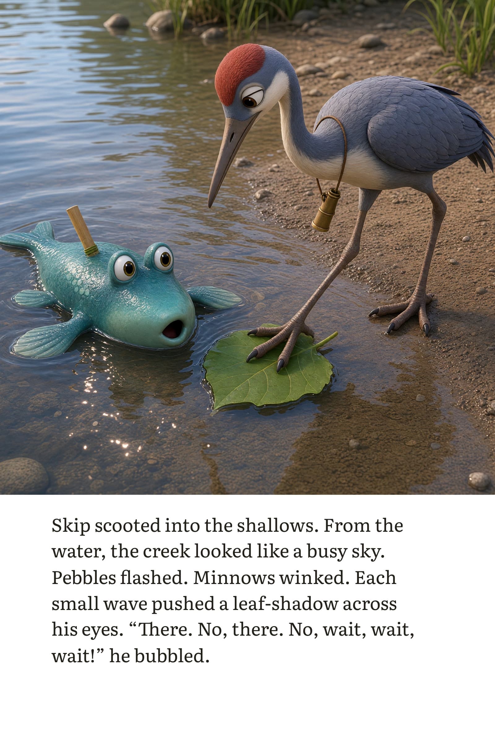 Page 5 of The Missed Leaf: Skip scooted into the shallows. From the water, the creek looked like a busy sky. Pebbles flashed. Minnows winked. Each small wave pushed a leaf-shadow across his eyes. "There. No, there. No, wait, wait, wait!" he bubbled.