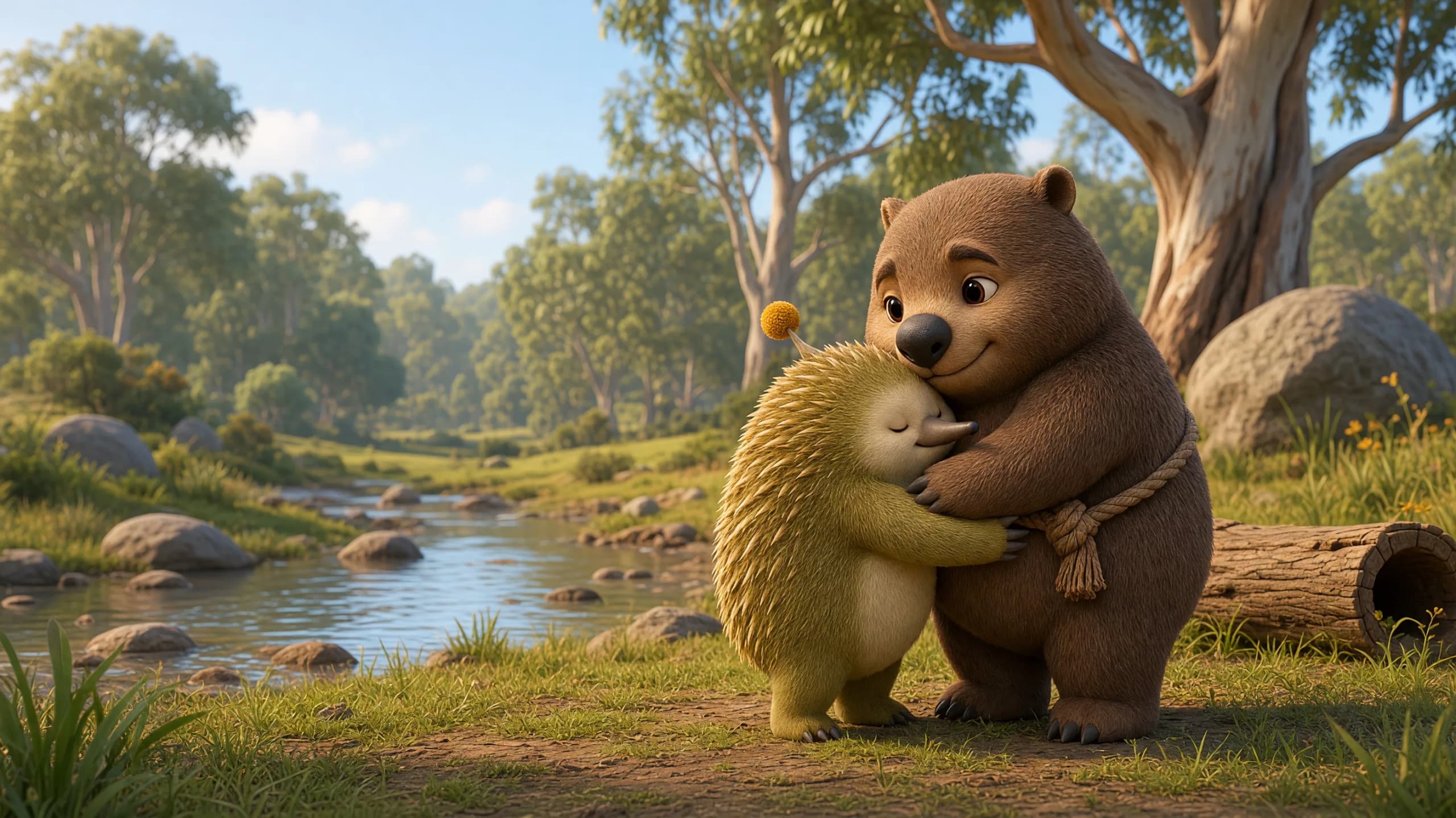 The animal friends together beside the creek in The Belly-Up Hug