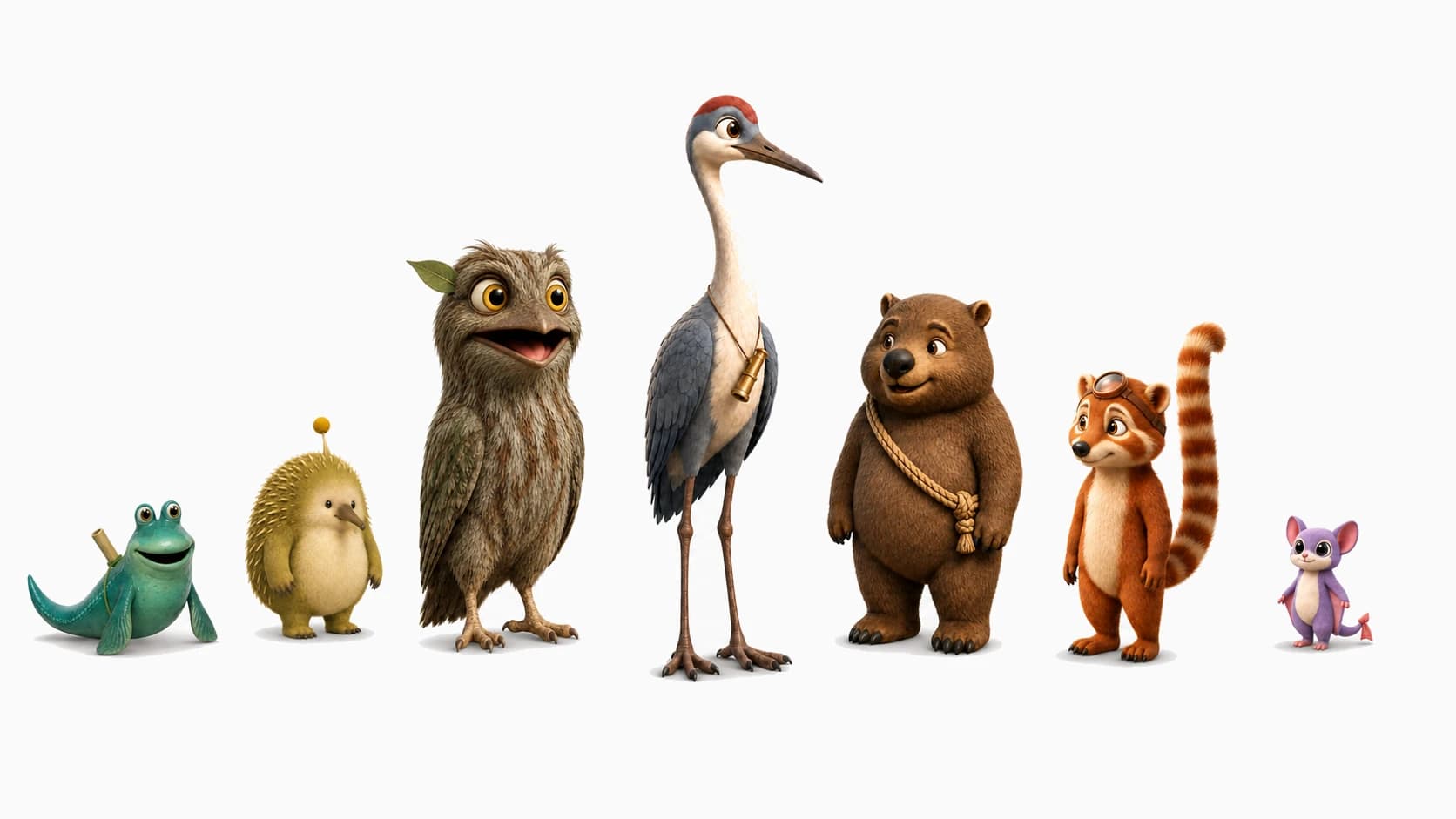 The seven friends of Puddlebend: Skip, Tuck, Hush, Sora, Bramble, Cinder and Nix