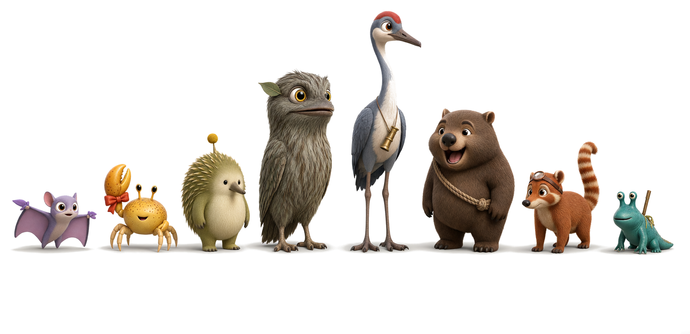 The eight friends of Puddlebend standing side by side: Nix, Tock, Tuck, Hush, Sora, Bramble, Cinder and Skip.
